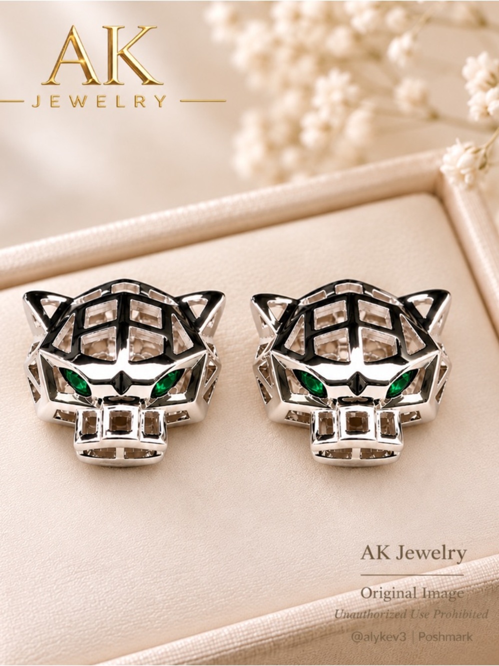 💎LUXURY Earrings, 18k White Gold Panther, Stunning Polished | by AK Jewelry™